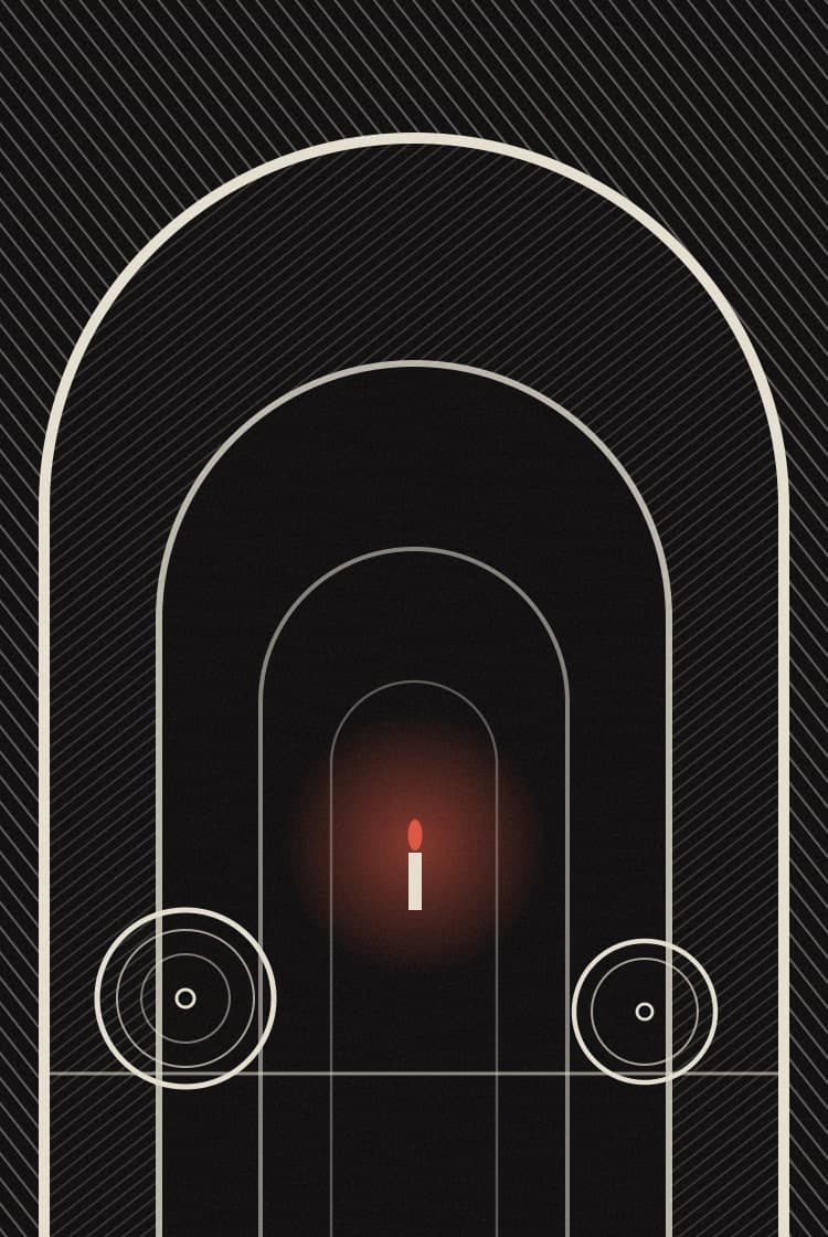 A vaulted cellar: three arches receding into the dark, casks on the floor and a single lit candle.