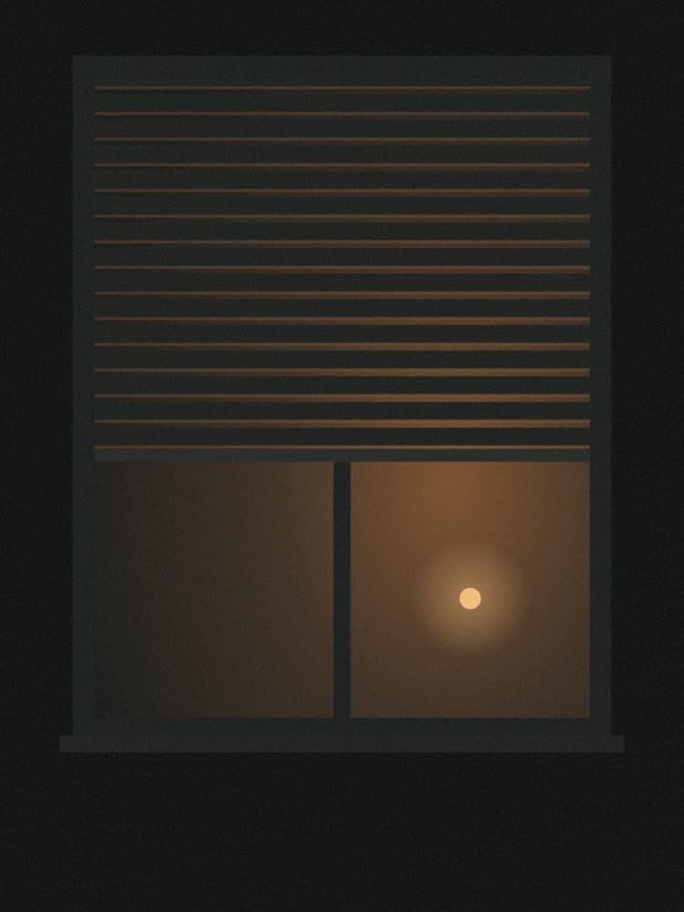 A lit window at night with the blinds half down, seen from the street.